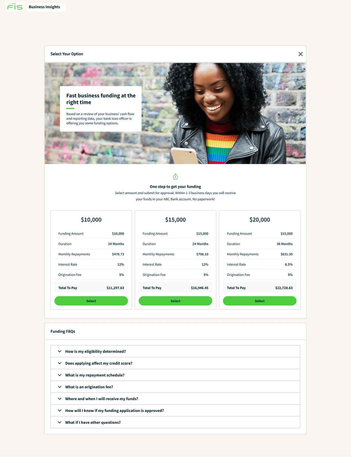 Embedded lending funding options screen